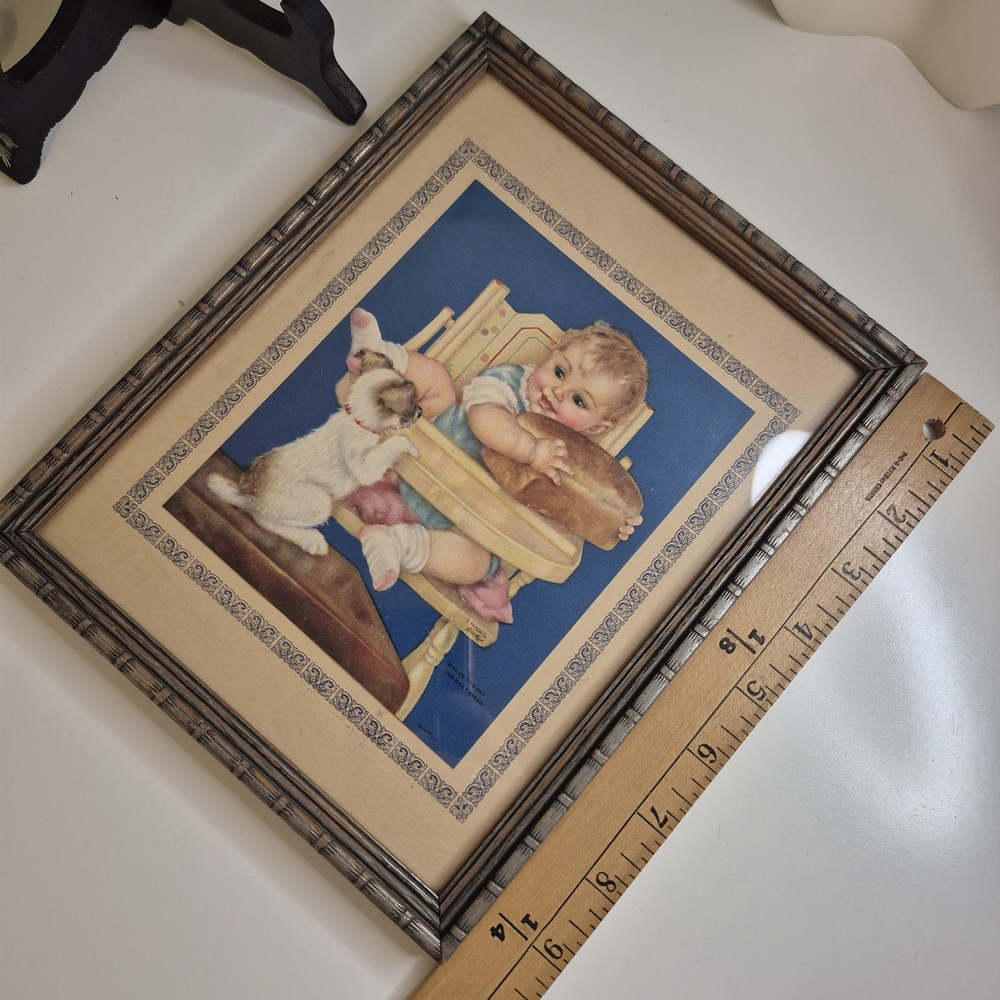 Vintage Charlotte Becker Print 'Give Us This Day...' Baby Puppy in Vintage Frame